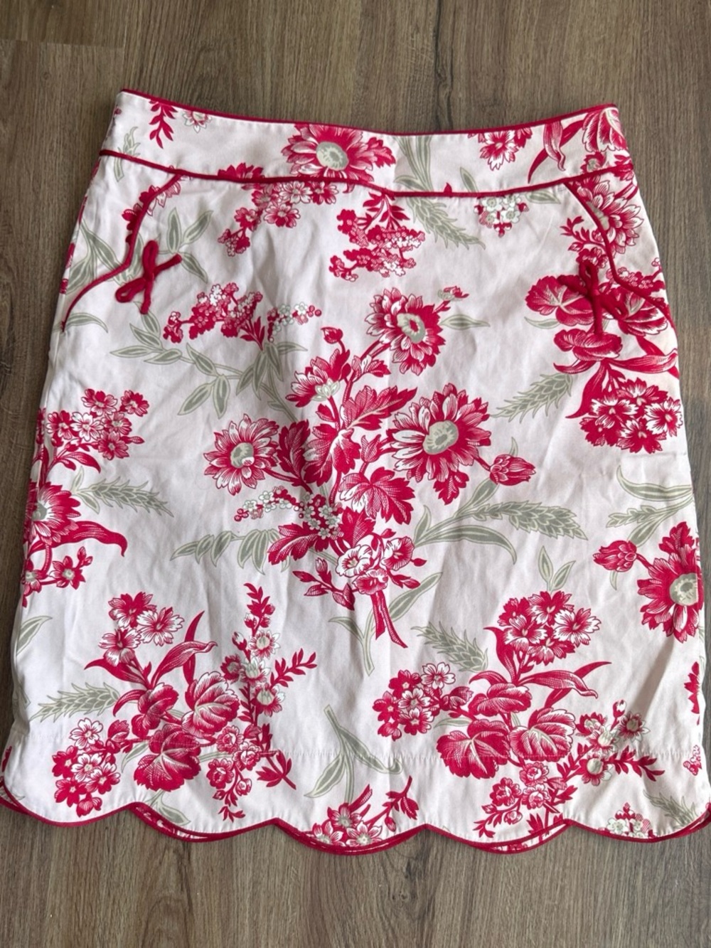 Ann Taylor Red & White Midi Skirt with Pink Floral Print